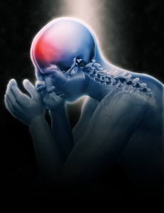 3D render of male figure holding head in pain